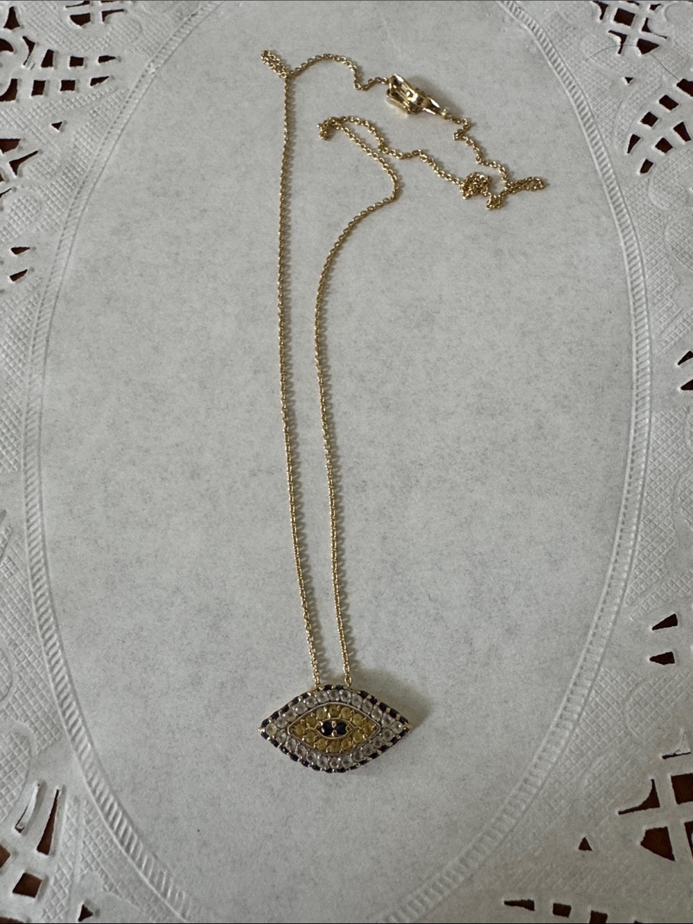 14K Gold Evil Eye Necklace with diamond and blue Sapphire stones - Picture 9 of 13